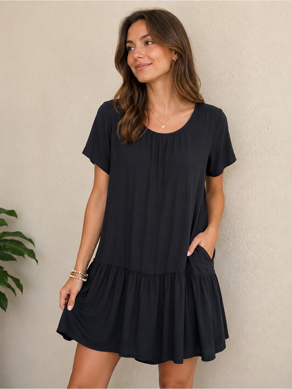 aerie Black Short Sleeve Tiered Mini Dress